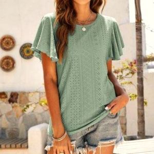 Eyelet-Lace Flutter-Sleeve Top